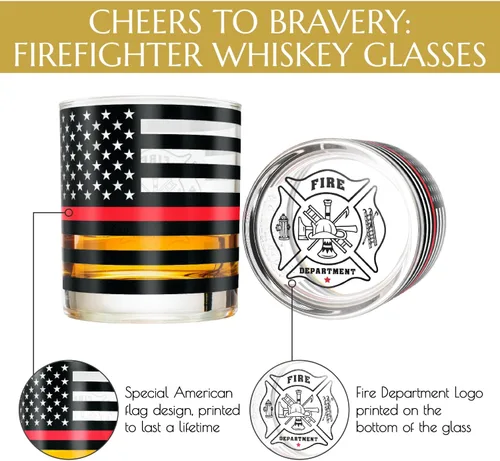 Miniatura 4 de Greenline Goods Thin Red Line - Vasos de whisky de bombero, estilo antiguo, juego de 2, 10 onzas, vasos clásicos de vidrio con gráficos de bandera