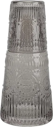 Elle Decor Jarra de agua de cabecera con juego de vaso, jarra de diseño vintage y vaso para beber se dobla como tapa, jarra gris de 33 onzas para