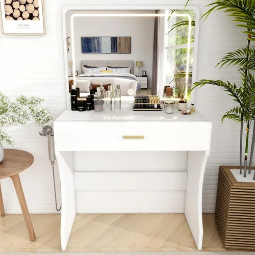Miniatura 9 de Escritorio de tocador, tocador de maquillaje con espejo y luces, mesa de maquillaje blanca con cajón grande, toma de corriente, eslabones más