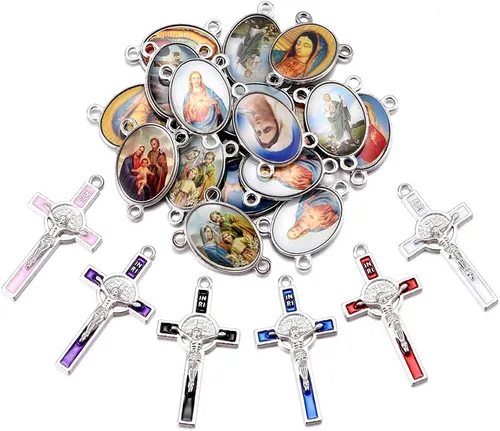 Miniatura 9 de Juego de 60 unidades de 30 piezas de rosario, cruz y centro de medalla, dijes de aleación, esmalte de religión, imagen de Jesús, Virgen