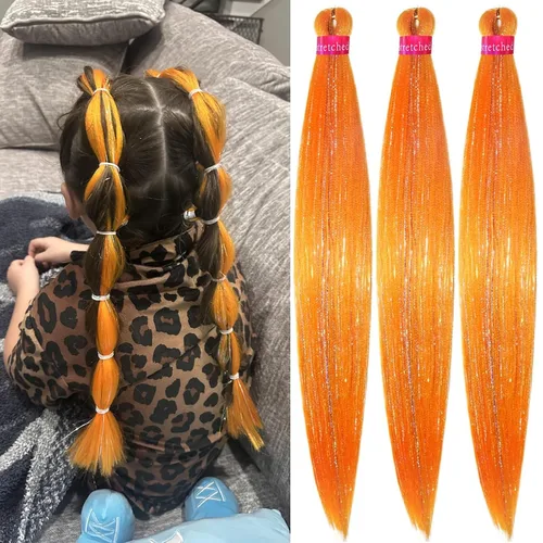 Miniatura 32 de Cabello trenzado verde con lentejuelas de 26 pulgadas, preestirado, trenzas de textura Yaki, extensiones de cabello pre plumadas, 3 paquetes, fácil