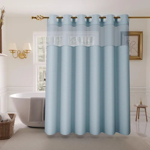 Miniatura 17 de Inhousolu - Cortina de ducha sin gancho con juego de forro de tela a presión, tejido waffle 230 GSM dobladillo con peso, impermeable y lavable