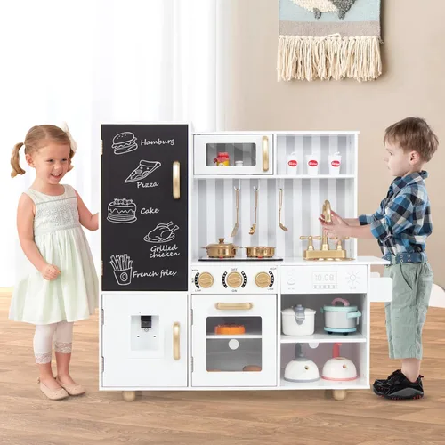Miniatura 4 de Costzon Cocina de Juguete para Niños, Juego de Cocina de Madera con Estufas, Microondas, Pizarra, Dispensador de Agua, Accesorios de Cocina, Juego