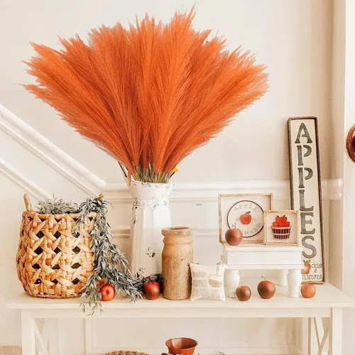 Miniatura 2 de obbsie 50 piezas de decoración de hierba de pampa falsa naranja quemado, 21.6 pulgadas de hierba pomposa artificial corta de otoño, ramas de hierba
