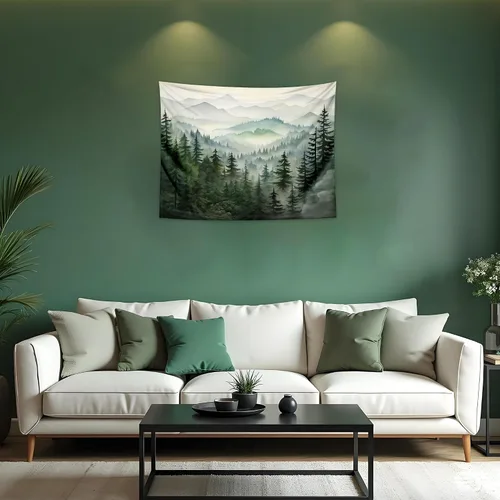 QGHOT Tapiz de bosque brumoso, tapiz de montaña natural para colgar en la pared, paisaje de acuarela verde salvia, arte de pared para dormitorio,
