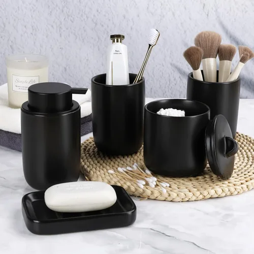 Miniatura 5 de BosilunLife Juego de accesorios de baño de albaricoque, juego de accesorios de baño de cerámica, dispensador completo de jabón espumoso y soporte