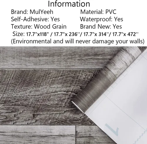 Miniatura 2 de MulYeeh Papel tapiz gris de 17.7 x 472 pulgadas, papel tapiz de tablones de madera sintética, autoadhesivo, extraíble, revestimiento de pared Marrón