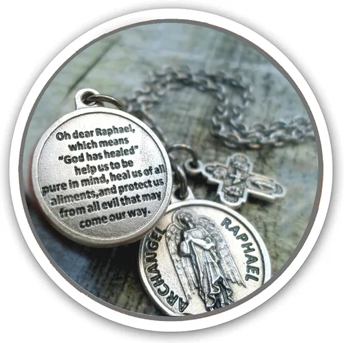 Collar de oración de Arcángel Rafael, llavero o clip, joyería católica de San Patrón, personalizable con opción inicial o piedra natal de cristal,