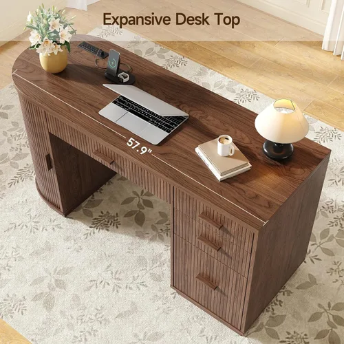 Miniatura 7 de ONBRILL Escritorio ejecutivo acanalado de 58 pulgadas, escritorio para computadora con cajones de almacenamiento y cajón de archivos, moderno Nogal