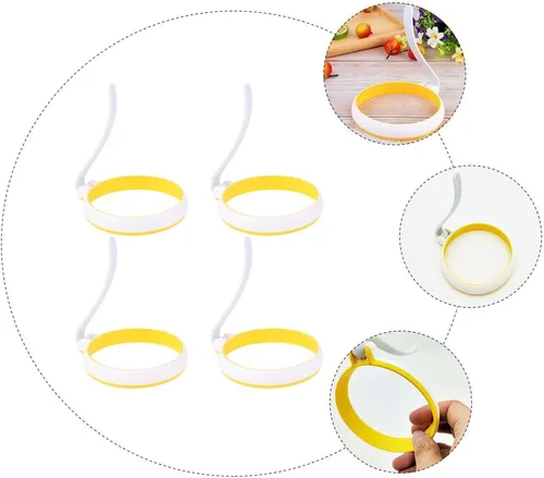 Miniatura 7 de PRETYZOOM 4 anillos de silicona antiadherentes para huevos, moldes redondos de tortilla de 5 pulgadas con asas para cocinar fácilmente en la plancha