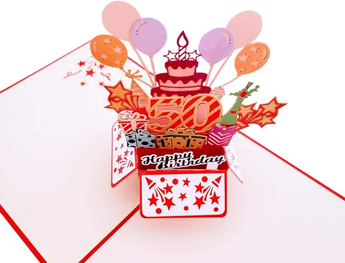 Miniatura 4 de iGifts And Cards Tarjeta de felicitación emergente 3D con caja de fiesta de cumpleaños número 50 color rojo – Cincuenta, impresionante, globos