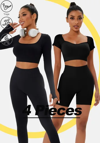 Miniatura 4 de FINETOO Conjunto de 4 piezas de entrenamiento para mujer, acanalado, sin costuras, manga larga, camiseta deportiva, sin mangas, cintura alta