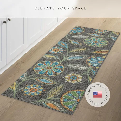 Miniatura 2 de Alfombra antideslizante Maples Rugs Reggie, tapete para pasillo, entrada, con diseño floral (fabricado en Estados Unidos), multicolor, 2 x 6 Gris