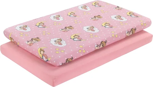 Miniatura 15 de Paquete de 2 sábanas de colchón n Play, 100% algodón percal, suaves, portátiles, para cuna, para niñas con búhos/corazones y diseño rosa sólido