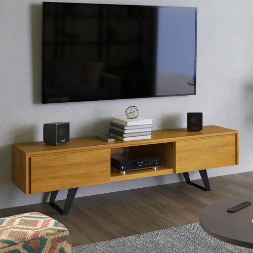 Miniatura 2 de SIMPLIHOME Lowry Soporte de TV – Consola de madera maciza de mango de 72 pulgadas de ancho en roble, moderno centro de entretenimiento industrial