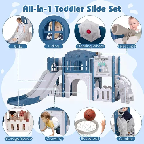 Miniatura 3 de Costzon Juego de tobogán infantil 8 en 1, tobogán independiente para niños con túnel, aro de baloncesto, juego de tobogán escalador para niños de 1
