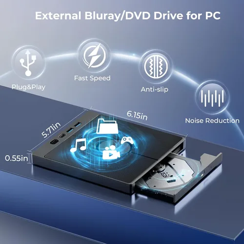 Miniatura 4 de Unidad Blu-ray externa 7 en 1, compatible con quemador Bluray externo de 100 G, Blueray/DVD externa para PC con puertos de tarjeta USB
