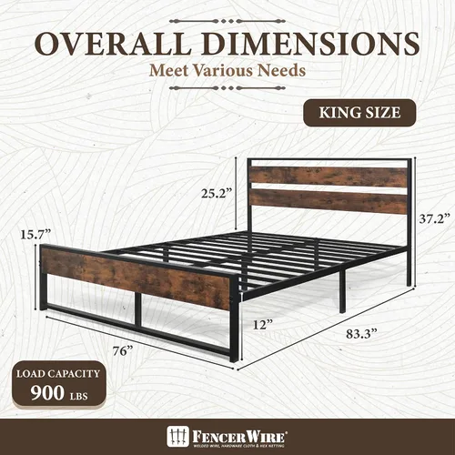 Miniatura 2 de Fencer Wire Base de cama de metal con cabecera y estribo de madera modernos, base de colchón, plataforma de metal con marco de acero, sin ruido,