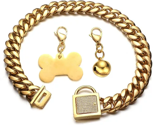 Miniatura 5 de Collar de cadena fuerte para perros grandes, eslabones cubanos dorados de acero inoxidable con hebilla de circonita cúbica, cadena de metal de 0.71