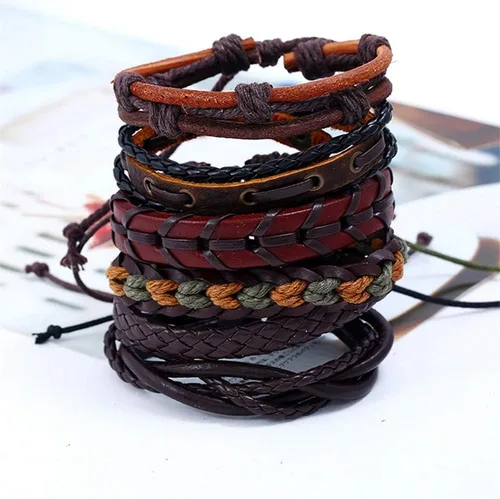 Miniatura 4 de Juego de joyas de oro rosa, pulsera de cuero, joyería tejida a mano, pulseras trenzadas de múltiples capas (negro, talla única)