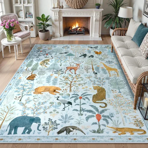 Miniatura 10 de OJIA Alfombras azules con estampado de selva de 5 x 7 pies para sala de estar, suaves, ultrafinas, lavables, para dormitorio, alfombra de entrada