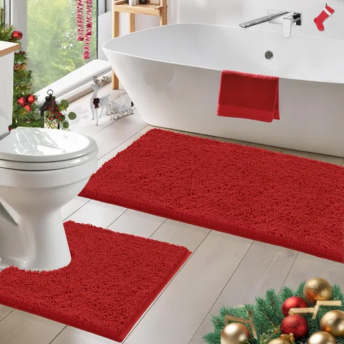 Miniatura 25 de LuxUrux Juego de 2 tapetes de baño de felpa extrasuave, material de microfibra de felpilla de 1 pulgada, color verde súper absorbente