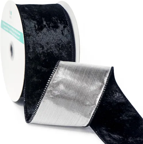 Cinta de terciopelo negro con alambre y respaldo metálico plateado de 2.5 pulgadas x 10 yardas para adorno de la punta del árbol de Navidad,