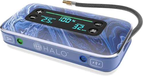 Miniatura 2 de HALO Bolt Air+ 1750 - Arrancador de batería portátil para automóvil Compresor de aire de 130 PSI, banco de energía USB de 59.9 Wh, pantalla Azul