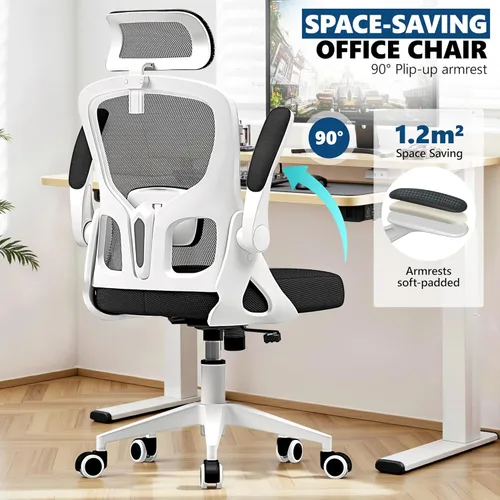 Miniatura 5 de Silla de oficina ergonómica, silla de escritorio de malla con reposacabezas ajustable y soporte lumbar, silla de computadora con ruedas con Blanco