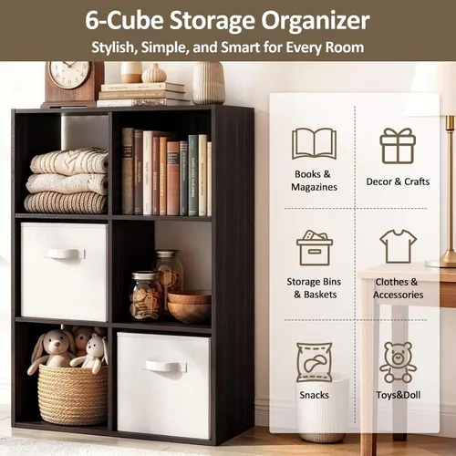Miniatura 4 de PrimeZone Organizador de Almacenamiento Apilable de 6 Cubos: Estante de Cubos de Madera que se Ajusta a Contenedores Cúbicos - Estantería
