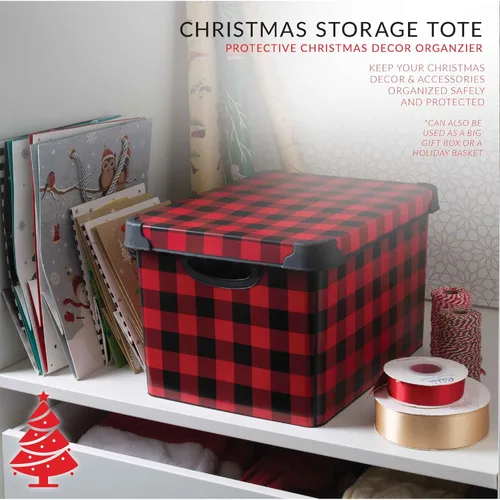 Miniatura 4 de Simplify Contenedor de almacenamiento de diseño a cuadros, bolsa de Navidad, organizador de decoraciones de decoración navideña, diseño de cuadros