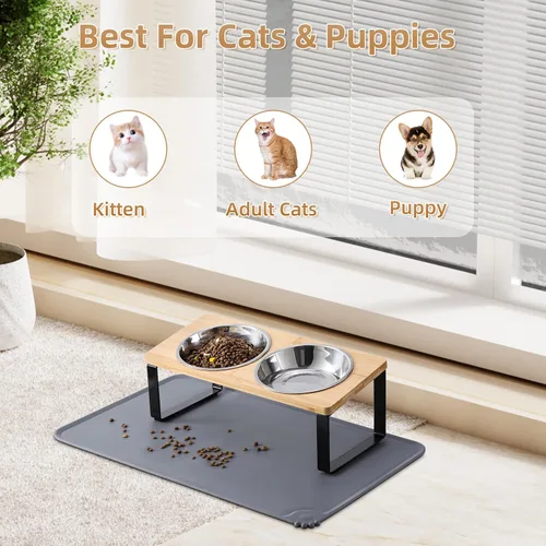 Miniatura 6 de Cuencos elevados mejorados para gatos con alfombrilla para comida, soporte inclinado a 15° anti-vómito, cuencos elevados para gatos para comida