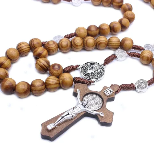 Miniatura 7 de Faith & Gospel Hertos - Collar con cuentas de madera para rosario, medalla de San Benito y cruz católica, cuerda de coronilla de oración religiosa