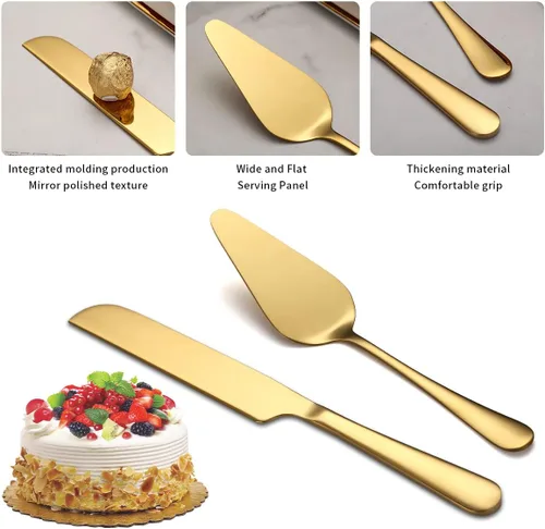 Miniatura 4 de Kyraton Juego de cuchillos y servidores dorados para tartas de boda, chapado en titanio dorado, juego de corte de pastel de acero inoxidable