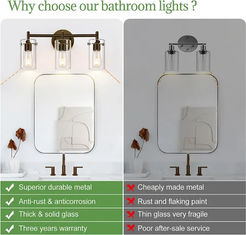 Miniatura 2 de Lámparas de baño de 3 luces actualización 2023, luces de tocador modernas de bronce frotado con aceite con pantalla de vidrio transparente, apliques