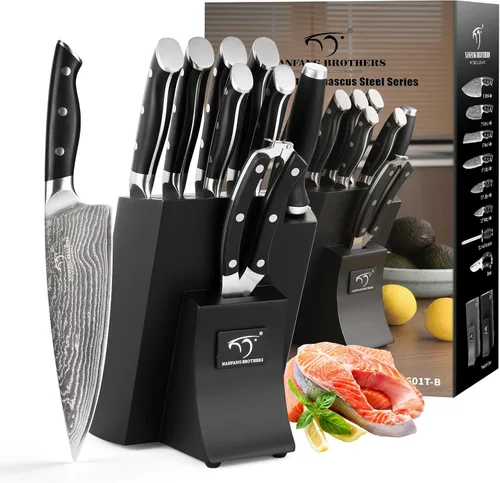 Miniatura 7 de NANFANG BROTHERS Juego de cuchillos de cocina de Damasco de 9 piezas con bloque, mango ergonómico ABS para juego de cuchillos de chef, afilador