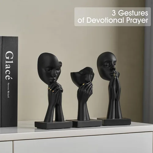 Miniatura 4 de 3 piezas de estatuas de oración de decoración negra, figuras modernas de oración de paz, detalles de decoración de estantes, escultura de arte