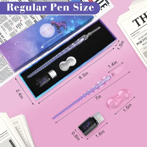 Miniatura 2 de Luxiv Juego de Plumas de Tinta de Vidrio, Pluma de Inmersión de Vidrio con Tinta Fluorescente y Soporte para Pluma, Plumas de Vidrio de Cristal