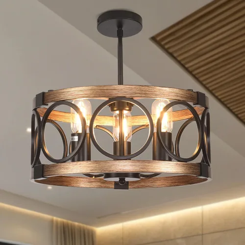 Lámpara de techo para montaje semiempotrado de 3 luces, lámpara de comedor negra de 15.7 pulgadas, lámpara colgante de tambor rústico con acabado de