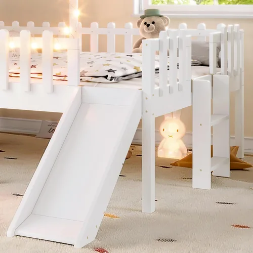 Miniatura 28 de Marco de cama de tamaño matrimonial para niños con escaleras, bonito techo y ventana en forma de estrella para niños y niñas, cama de plataforma