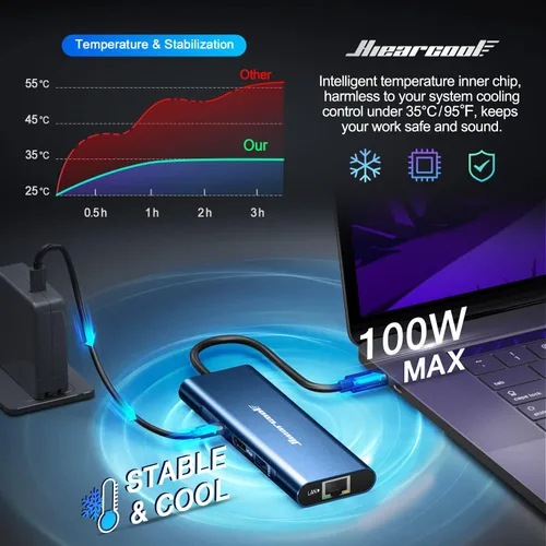 Miniatura 4 de Hiearcool Concentrador USB C, estación de acoplamiento HDMI 8 en 1 USB-C a 4K 60Hz, adaptador multipuerto Ethernet USBC de 100 W PD Dock compatible
