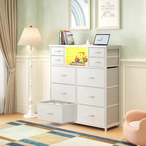 Miniatura 7 de Romorgniz - Cómoda blanca para dormitorio con 10 cajones con luz LED y toma de corriente, cómodas de tela y cómoda con estantes abiertos para Blanco
