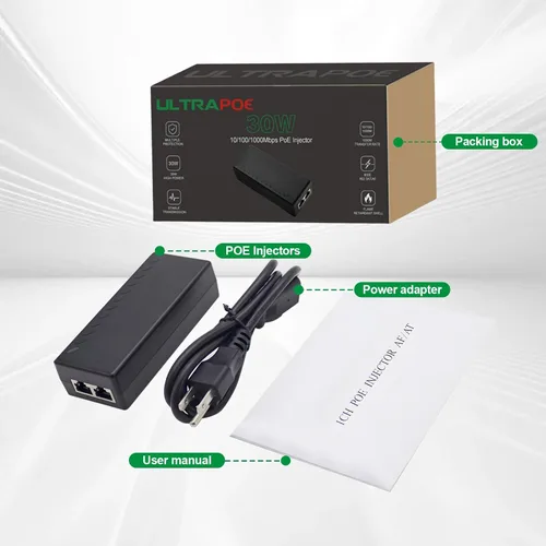 Miniatura 7 de Inyector Gigabit PoE+ para Ethernet, 30W 48V con 10/100/1000Mbps y cumplimiento IEEE 802.3af/at. Extienda la red hasta 100M (328 pies) Plug and