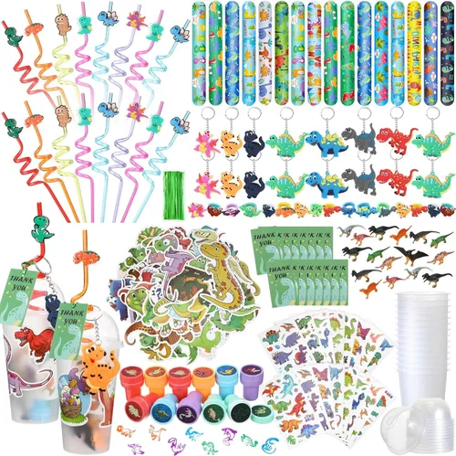 Qilery 195 piezas de 16 invitados de dinosaurio para fiestas de cumpleaños para niños, incluye taza de plástico con tapa, pajita, llavero, pulsera,