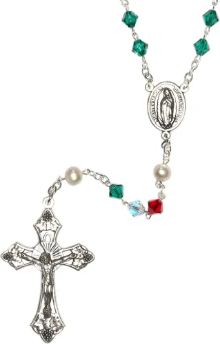 Rosario de oración católica hecho con piedras preciosas, cristal austriaco o vidrio Incluye bolsa de rosario, folleto Cómo rezar el rosario y mes