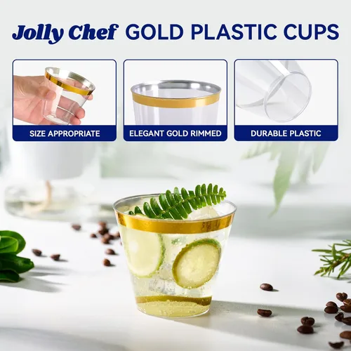 Miniatura 4 de JOLLY CHEF Paquete de 100 Vasos de Plástico Dorado, Tumblers de Plástico Transparente de 9 oz, Elegantes Vasos con Borde Dorado, Vasos Desechables