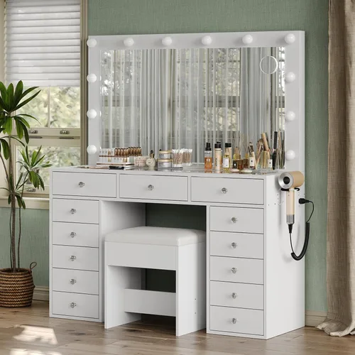 Yanosaku Tocador de maquillaje de 47" con estación de carga, escritorio de maquillaje con 13 cajones con 12 bombillas LED y espejo HD, brillo