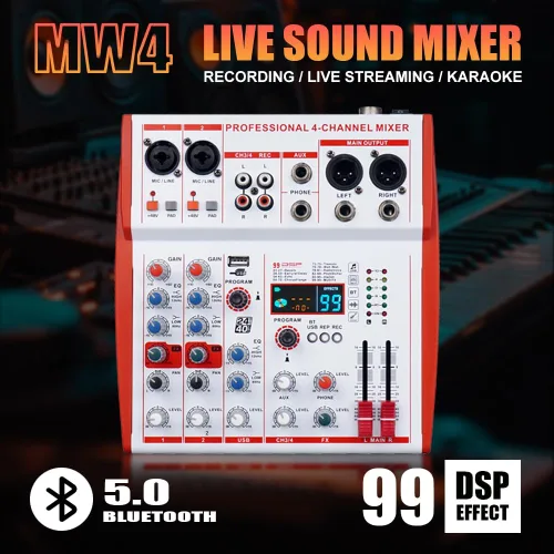 Miniatura 2 de MW-4 Profesional 4-Canal USB Mezclador de Audio Bluetooth 5.0 99 Sonido Portátil para DJ/En Vivo/Grabación/Canción K
