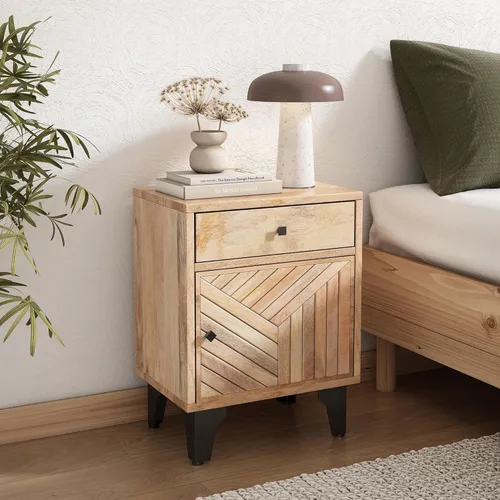 Miniatura 12 de Mesita de noche de ratán con 2 cajones con asas de metal para sala de estar, dormitorio, lugar pequeño, verde