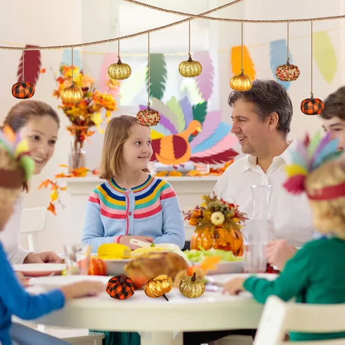 Miniatura 6 de Sotiff 12 adornos para árbol de Acción de Gracias, adornos colgantes de calabaza, bolas de espuma con purpurina, envueltas en tela, pequeñas